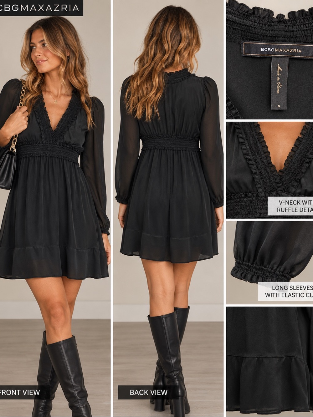 BCBGMAXAZRIA Black V-Neck Long Sleeve Mini Dress